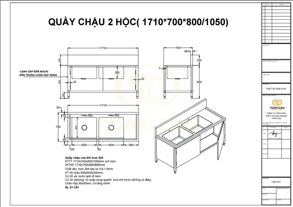 Quầy chậu rửa đôi inox 1m7