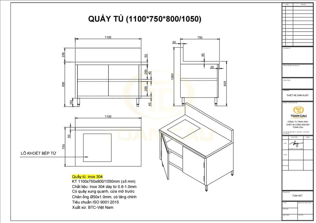 Quầy tủ inox 1m1