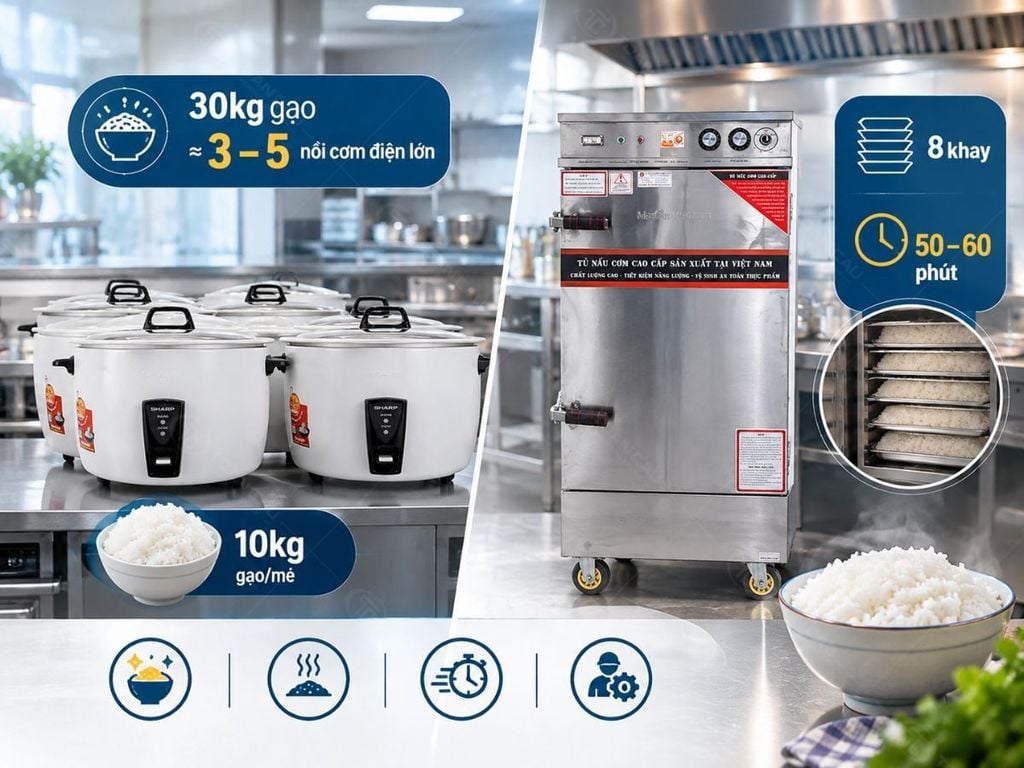 So sánh tủ cơm công nghiệp với nhiều nồi cơm điện cho cùng lượng gạo