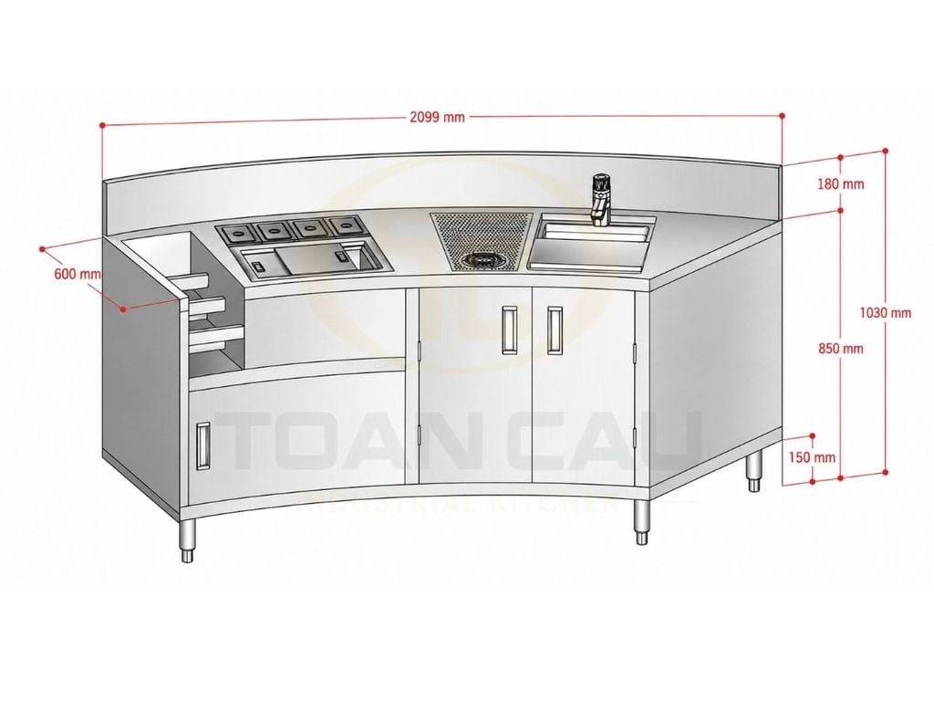 Thùng đá inox quầy bar được thiết kế tích hợp trong quầy bar inox