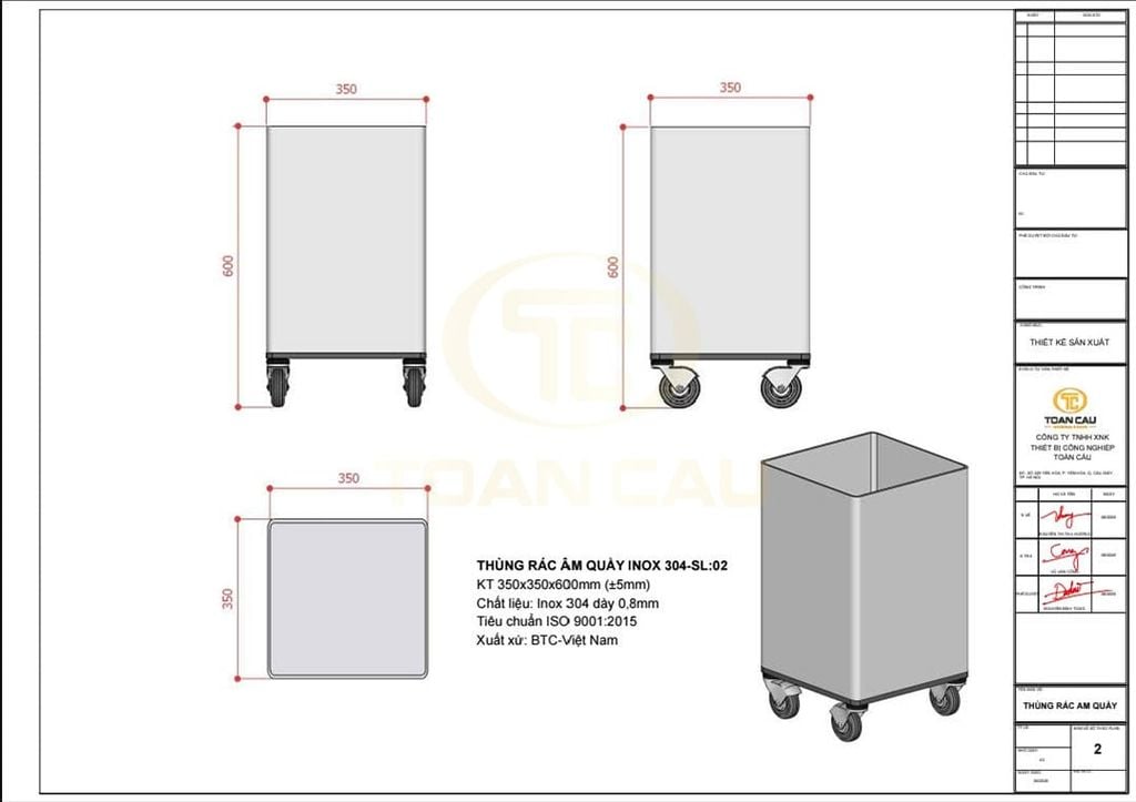 Bản thiết kế thùng rác âm quầy inox inox TC TRA01
