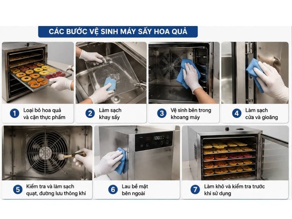 chi tiết các bước vệ sinh máy sấy hoa quả