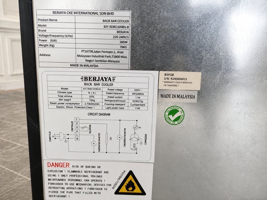 Tủ mát quầy bar Berjaya BJY-3DBC320BS-B thông số