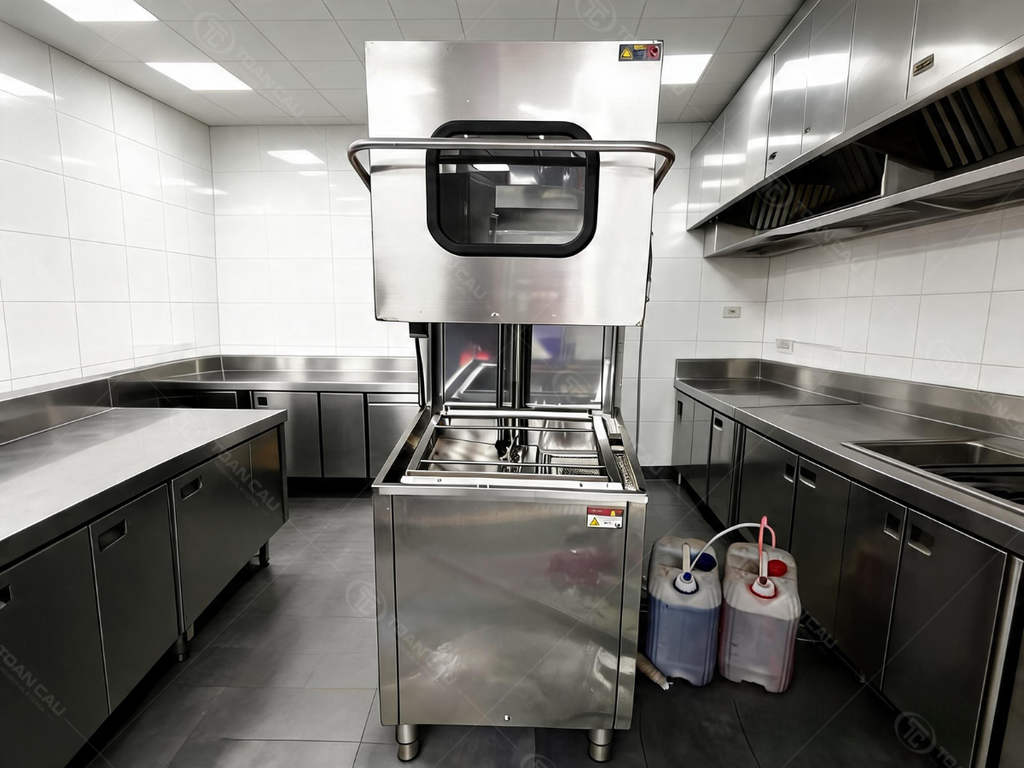Thân máy rửa bát inox 304 và buồng rửa bên trong đạt tiêu chuẩn bếp thương mại