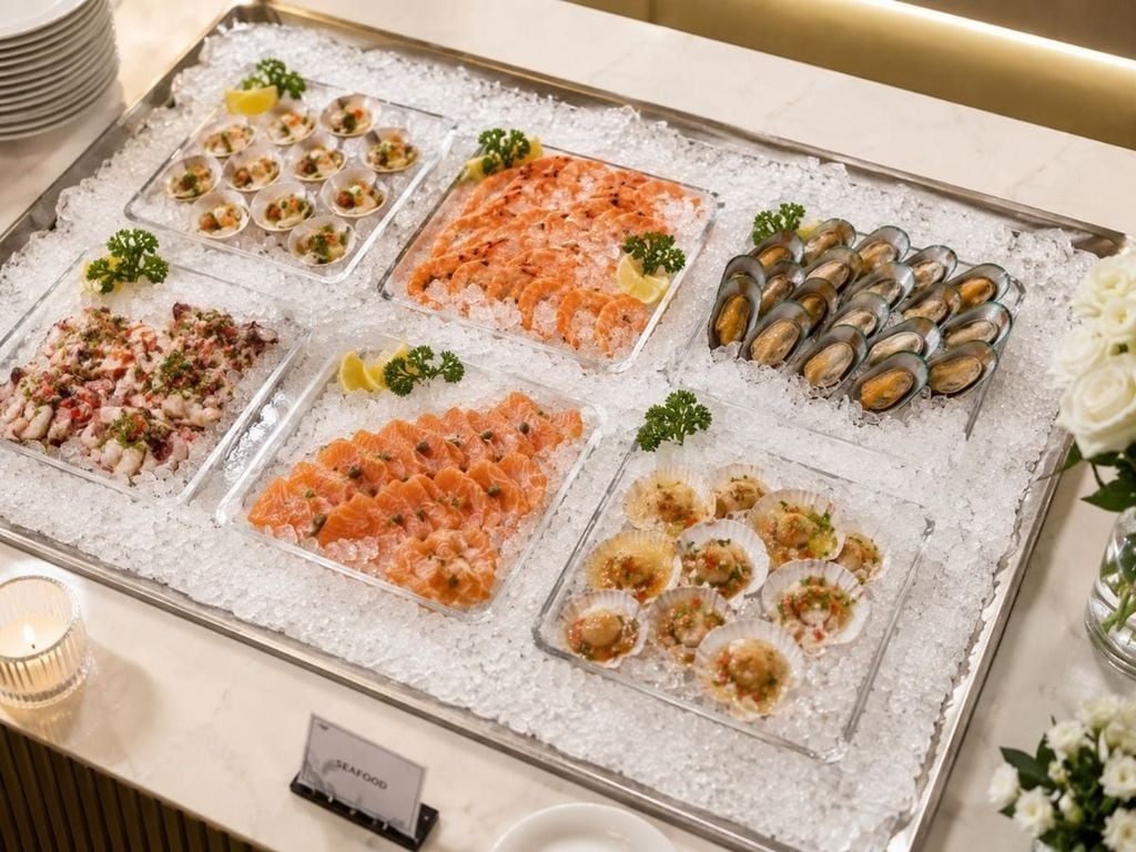 Đá vảy trưng bày hải sản và món lạnh trên bàn buffet tiệc cưới