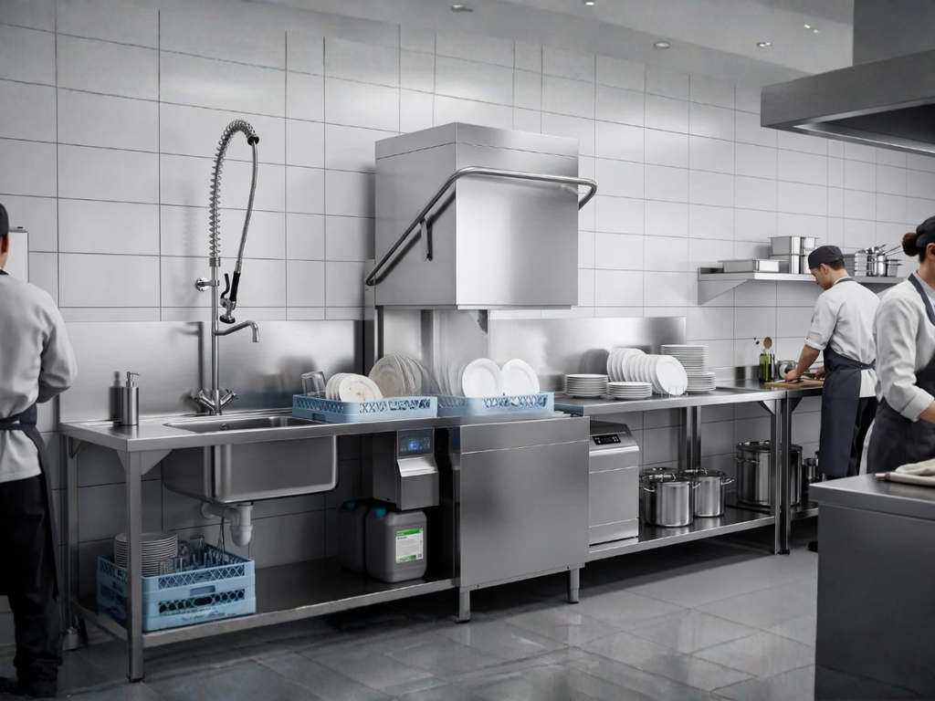 Máy rửa bát công nghiệp vận hành trong bếp nhà hàng khách sạn