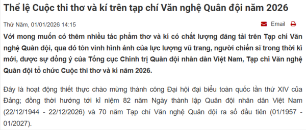 Thể lệ Cuộc thi thơ và kí trên tạp chí Văn nghệ Quân đội năm 2026