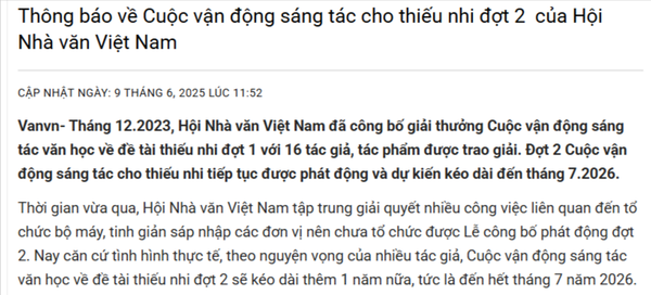 Cuộc vận động sáng tác cho thiếu nhi đợt 2  của Hội Nhà văn Việt Nam