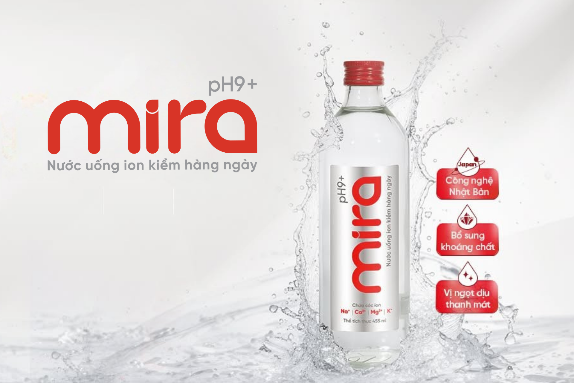 Nước ion kiềm Mira pH9+ - Phiên bản chai thủy tinh cao cấp