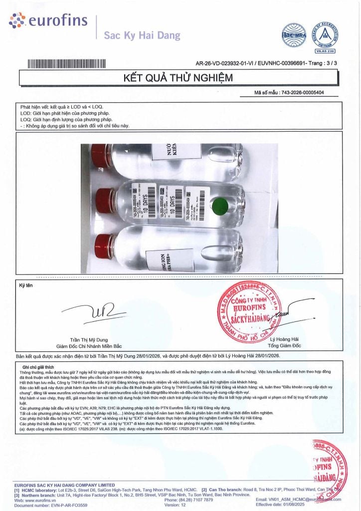 Kết quả kiểm nghiệm nước ion kiềm Mira pH8+