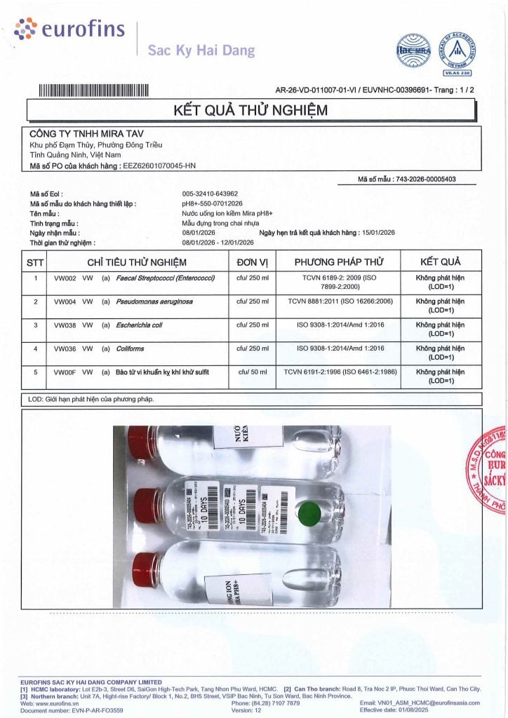 Kết quả kiểm nghiệm nước ion kiềm Mira pH8+