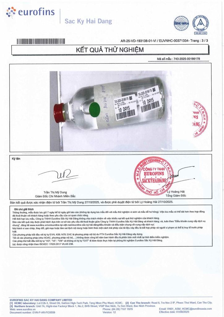 Kết quả kiểm nghiệm nước ion kiềm Mira pH9+