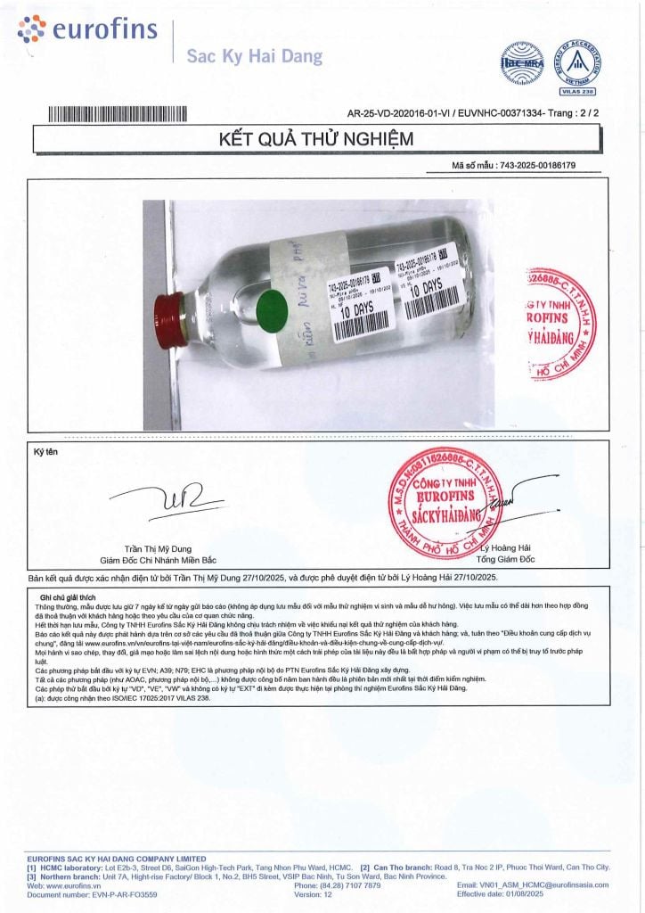 Kết quả kiểm nghiệm nước ion kiềm Mira pH9+
