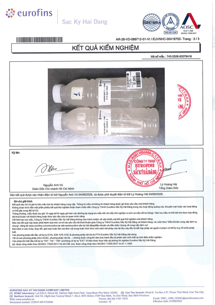 Kết quả kiểm nghiệm Vitamin Mira Care Hương Vải
