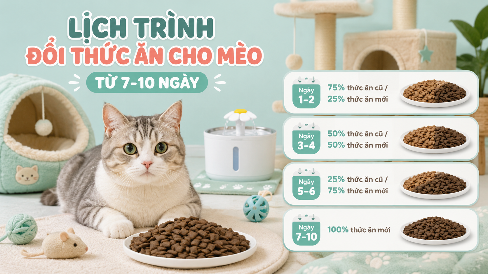 LỊCH TRÌNH ĐỔI THỨC ĂN CHO MÈO TỪ 7-10 NGÀY