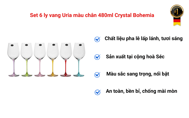 Set 6 ly vang Uria màu chân 480ml Crystal Bohemia