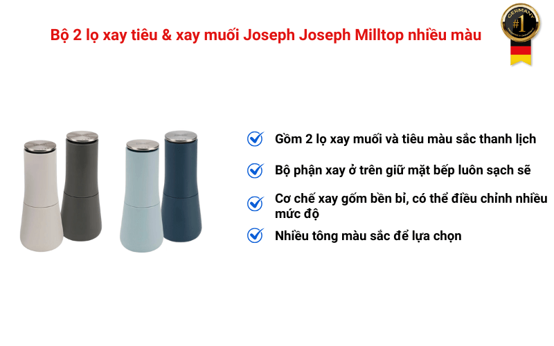 Bộ 2 lọ xay tiêu & xay muối Joseph Joseph Milltop nhiều màu