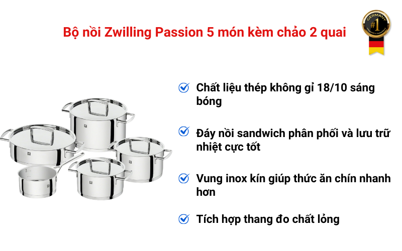 Bộ nồi Zwilling Passion 5 món kèm chảo 2 quai