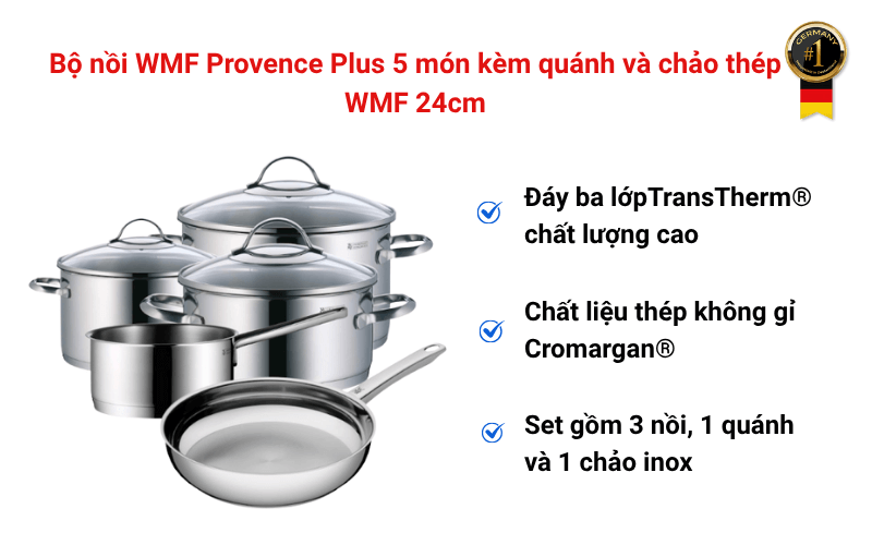 Bộ nồi WMF Provence Plus 5 món kèm quánh và chảo thép WMF 24cm