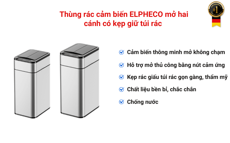 Thùng rác cảm biến ELPHECO mở hai cánh có kẹp giữ túi rác nhiều dung tích, nhiều màu
