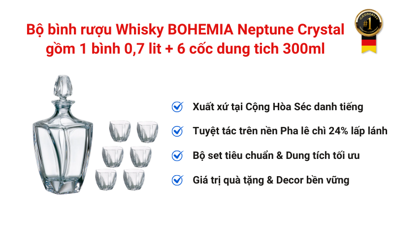 Bộ bình rượu Whisky BOHEMIA Neptune Crystal gồm 1 bình 0,7 lit + 6 cốc dung tich 300ml