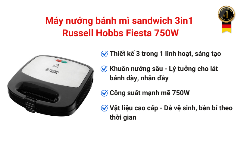Máy nướng bánh mì sandwich 3in1 Russell Hobbs Fiesta 750W