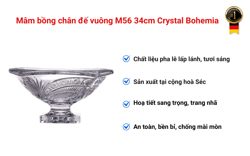 Mâm bồng chân đế vuông M56 34cm Crystal Bohemia
