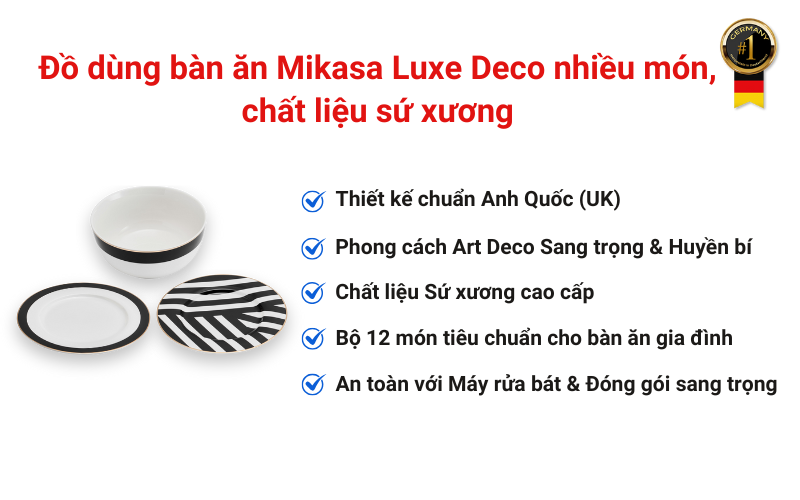 Đồ dùng bàn ăn Mikasa Luxe Deco nhiều món, chất liệu sứ xương