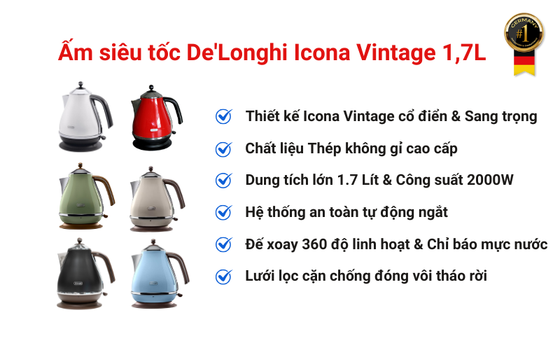 Ấm siêu tốc De'Longhi Icona Vintage 1,7L nhiều màu