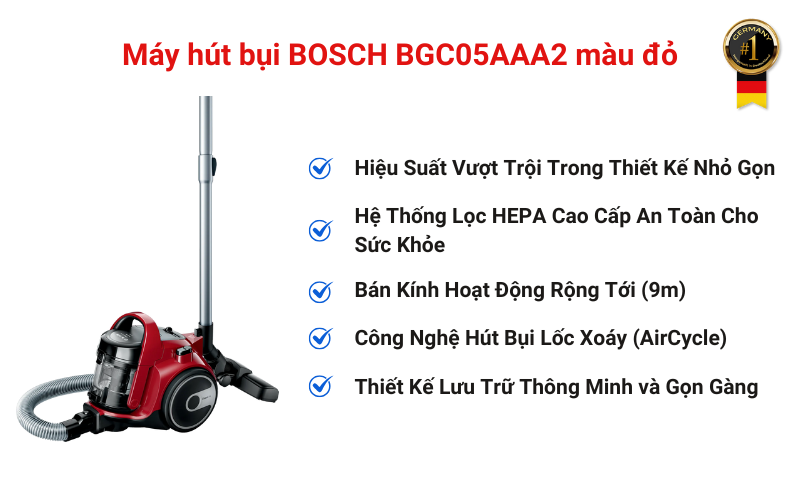 Máy hút bụi BOSCH BGC05AAA2 màu đỏ