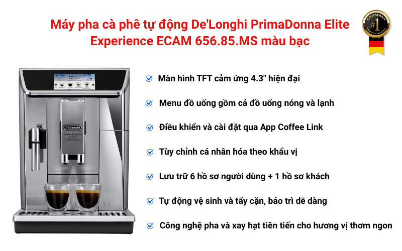 Máy pha cà phê tự động De'Longhi PrimaDonna Elite Experience ECAM 656.85.MS màu bạc