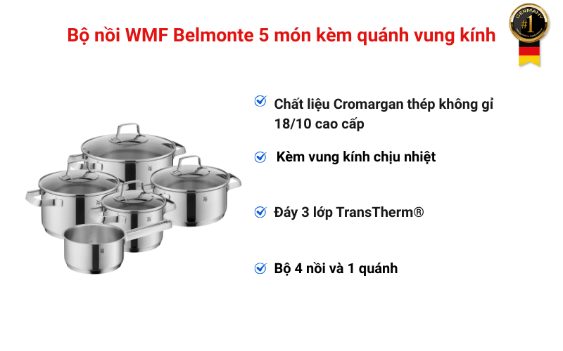 Bộ nồi WMF Belmonte 5 món kèm quánh vung kính