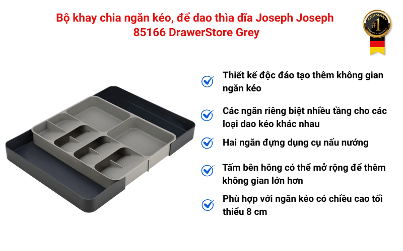 Bộ khay chia ngăn kéo, để dao thìa dĩa Joseph Joseph 85166 DrawerStore Grey