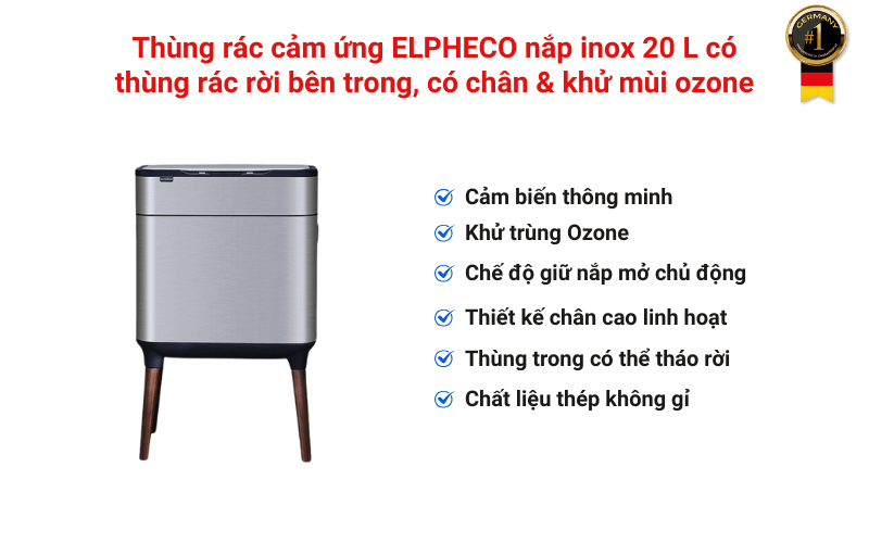 Thùng rác cảm ứng ELPHECO nắp inox 20 L có thùng rác rời bên trong, có chân & khử mùi ozone, nhiều màu