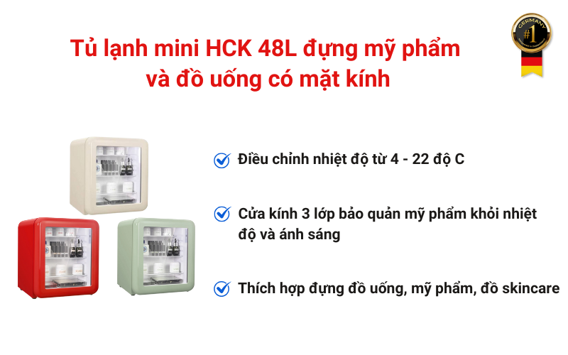 Tủ lạnh mini HCK 48L đựng mỹ phẩm và đồ uống có mặt kính