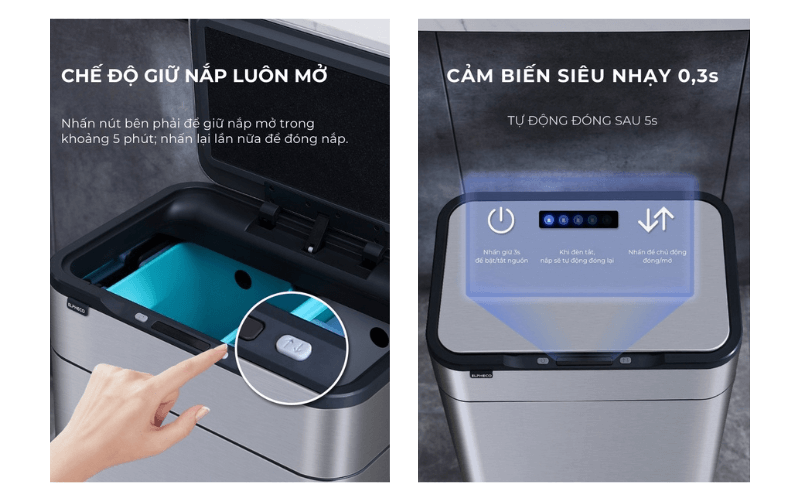 Thùng rác cảm ứng ELPHECO nắp inox 20 L có thùng rác rời bên trong, có chân & khử mùi ozone, nhiều màu