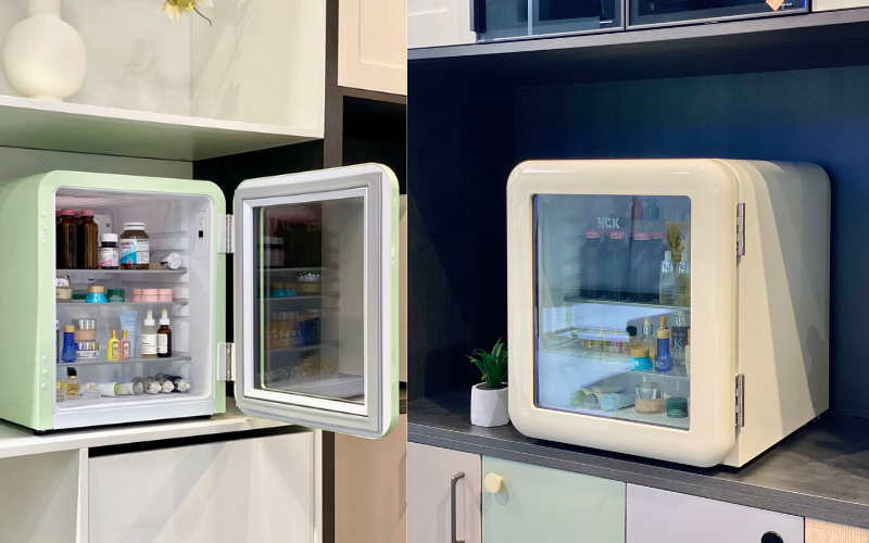Tủ lạnh mini HCK 48L đựng mỹ phẩm và đồ uống có mặt kính