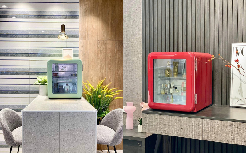 Tủ lạnh mini HCK 48L đựng mỹ phẩm và đồ uống có mặt kính