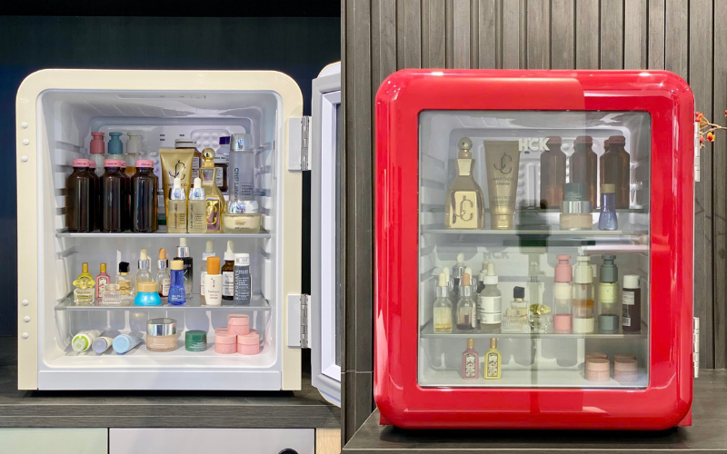 Tủ lạnh mini HCK 48L đựng mỹ phẩm và đồ uống có mặt kính