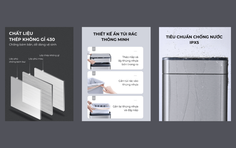 Thùng rác cảm ứng ELPHECO nắp inox 20 L có thùng rác rời bên trong, có chân & khử mùi ozone, nhiều màu