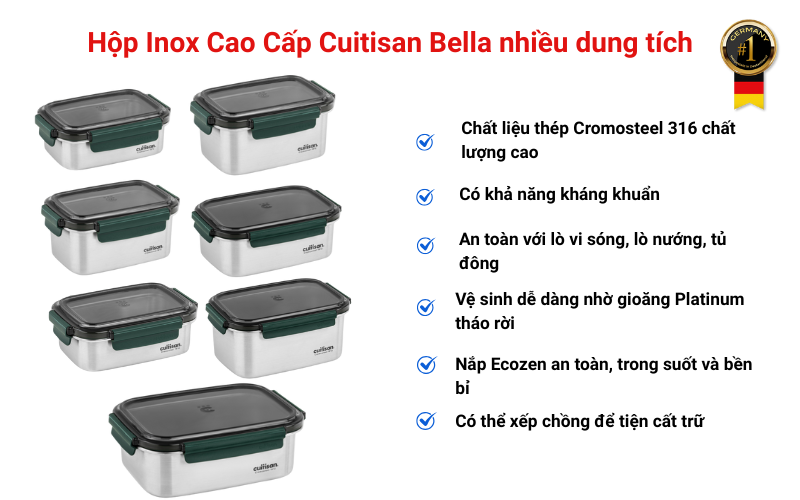 Hộp Inox Cao Cấp Cuitisan Bella nhiều dung tích