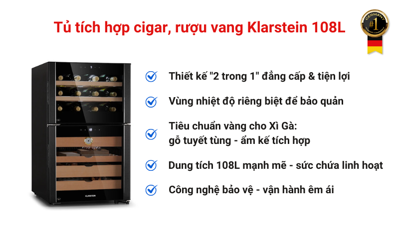 Tủ tích hợp cigar, rượu vang Klarstein 108L