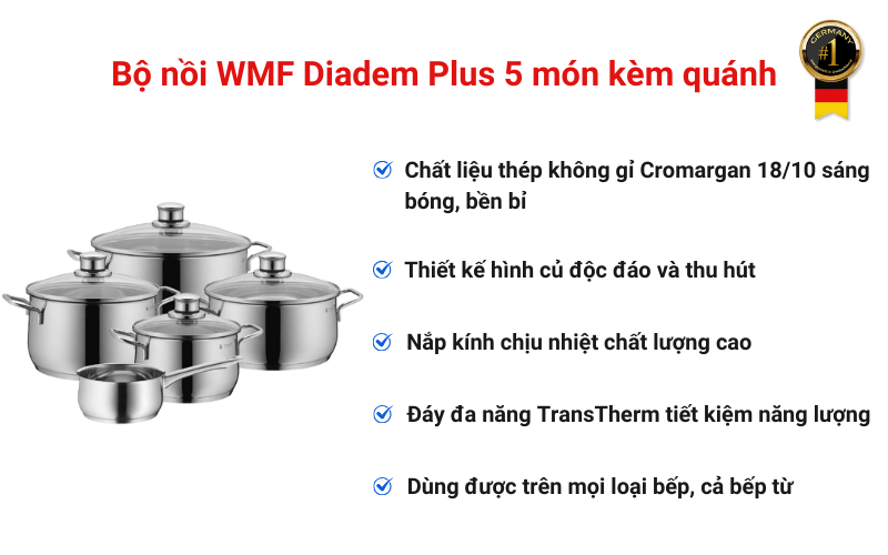 Bộ nồi WMF Diadem Plus 5 món kèm quánh
