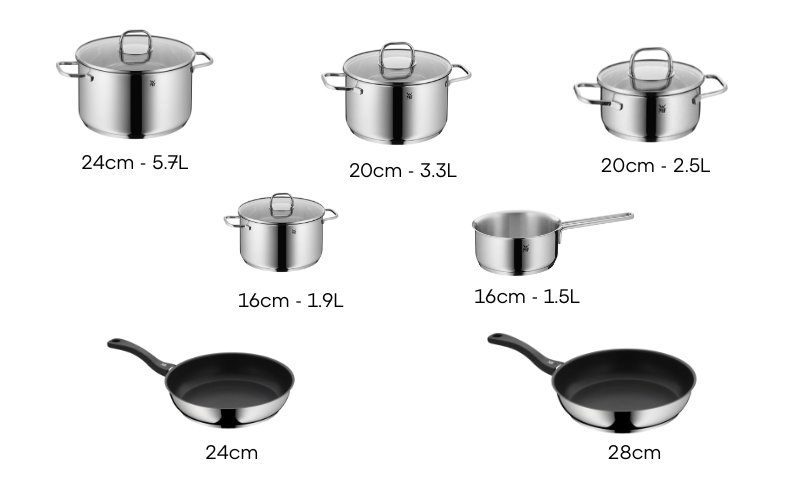 Bộ nồi WMF Inspiration 6 món kèm quánh và chảo chống dính WMF Devil 24/28 cm