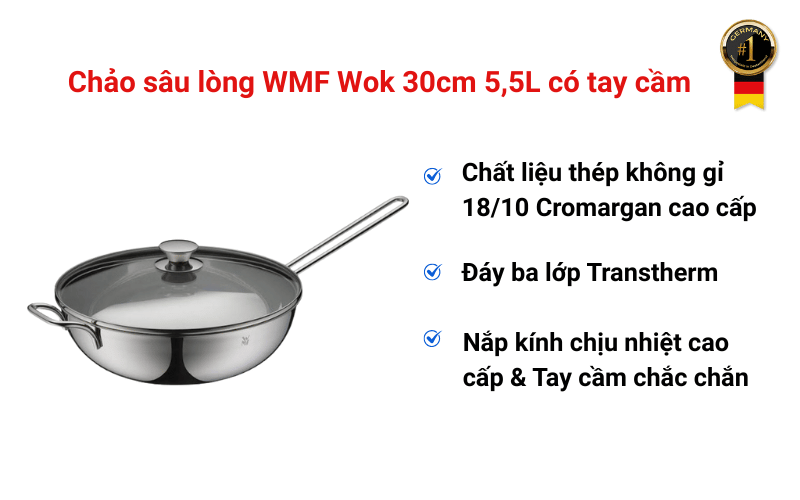 Chảo sâu lòng WMF Wok 30cm 5,5L có tay cầm