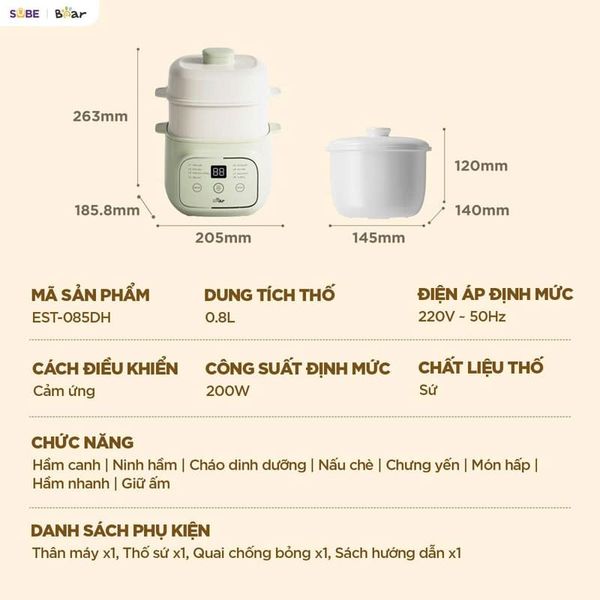 Thông số kỹ thuật nồi nấu chậm Bear EST-085DH
