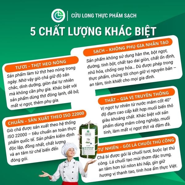 Chất lượng giò chả sạch Cửu Long đạt 5 tiêu chí tinh khiết TƯƠI SẠCH CHUẨN THẬT TỰ NHIÊN.