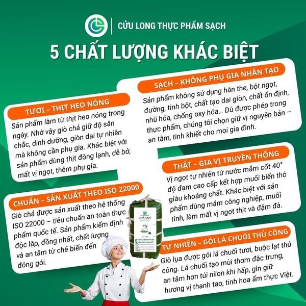 Chất lượng giò chả sạch Cửu Long đạt 5 tiêu chí tinh khiết TƯƠI SẠCH CHUẨN THẬT TỰ NHIÊN.