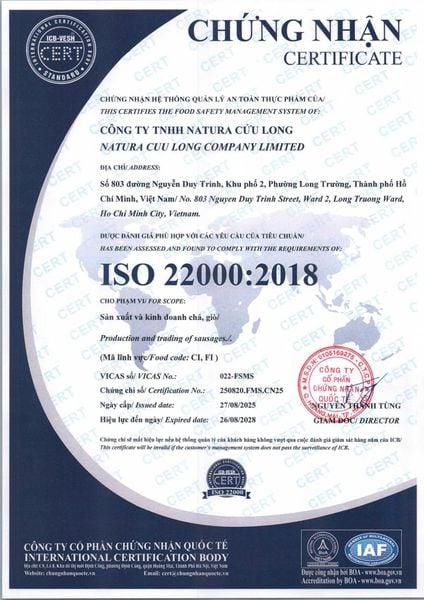 Chứng nhận ISO 22000:2018 của Công ty Cổ phần Cửu Long PureLife số 250820.FMS.CN25