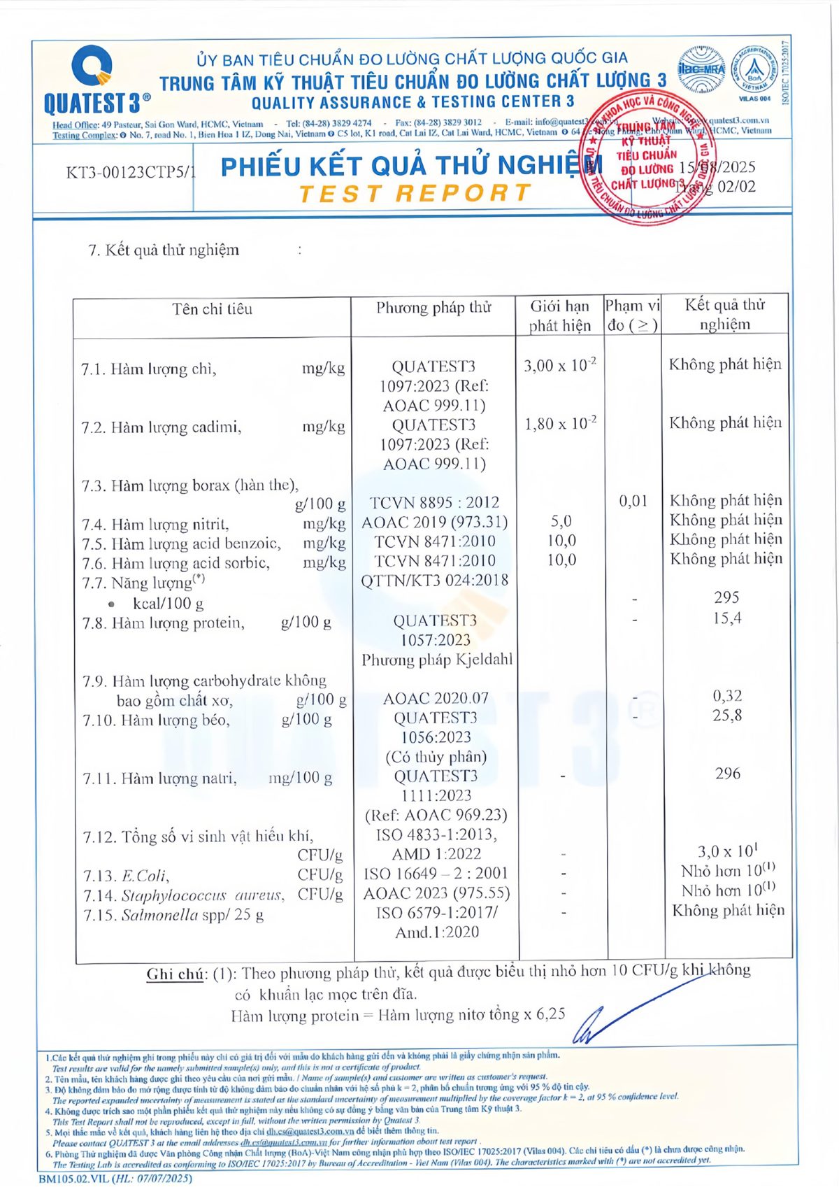 Trang 2 phieu kiem nghiem Quatest 3 gio cha Cuu Long PureLife - chi tieu vi sinh va dinh duong